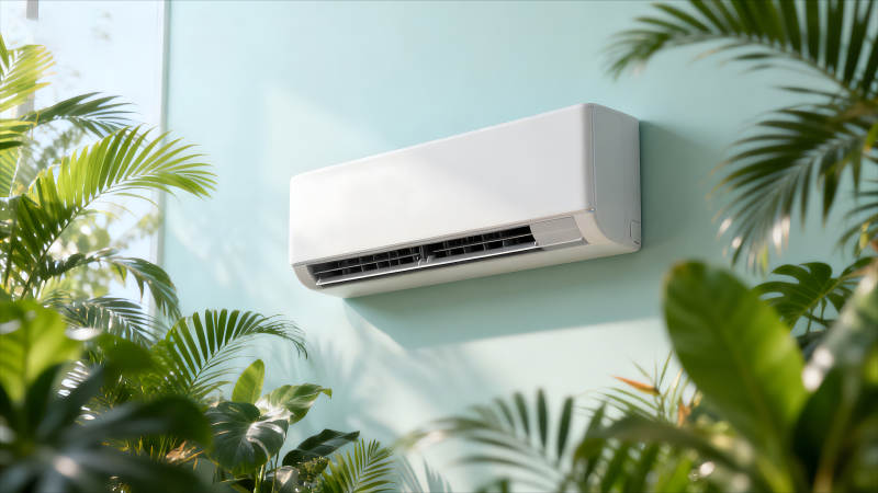 空调安装在浅绿色墙壁上-图片