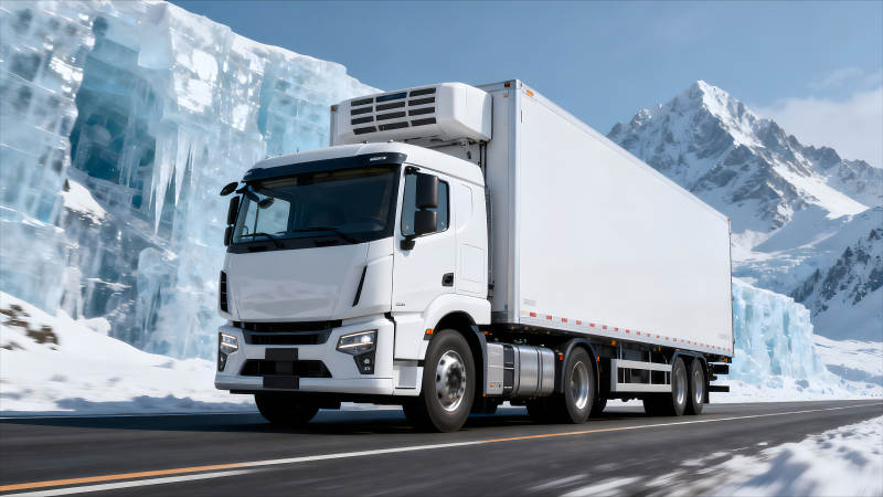 冷藏卡車行駛在雪山之間-圖片