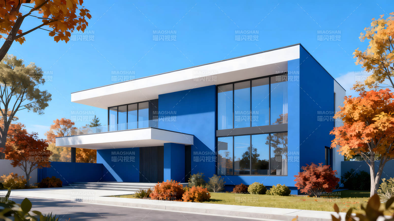 藍色的現代住宅與秋日景色-圖片