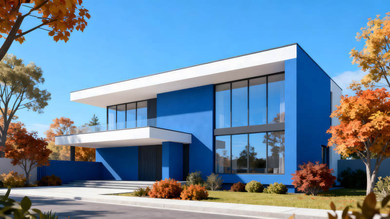 藍色的現代住宅與秋日景色-圖片