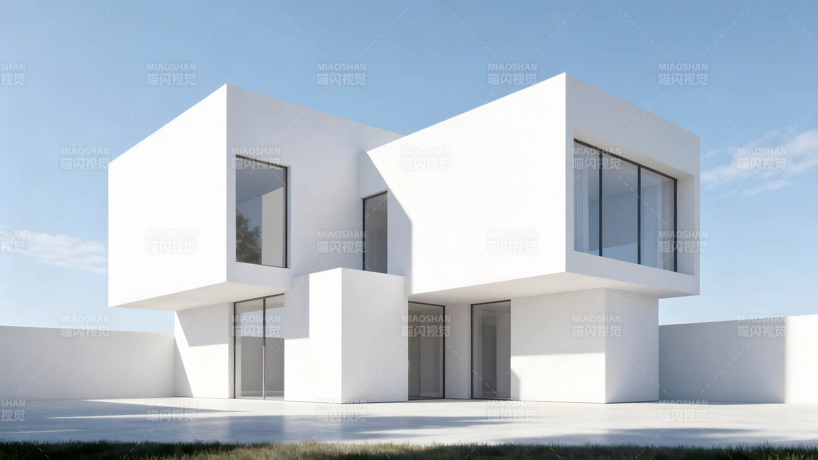 现代主义白色建筑在蓝天白云下图片