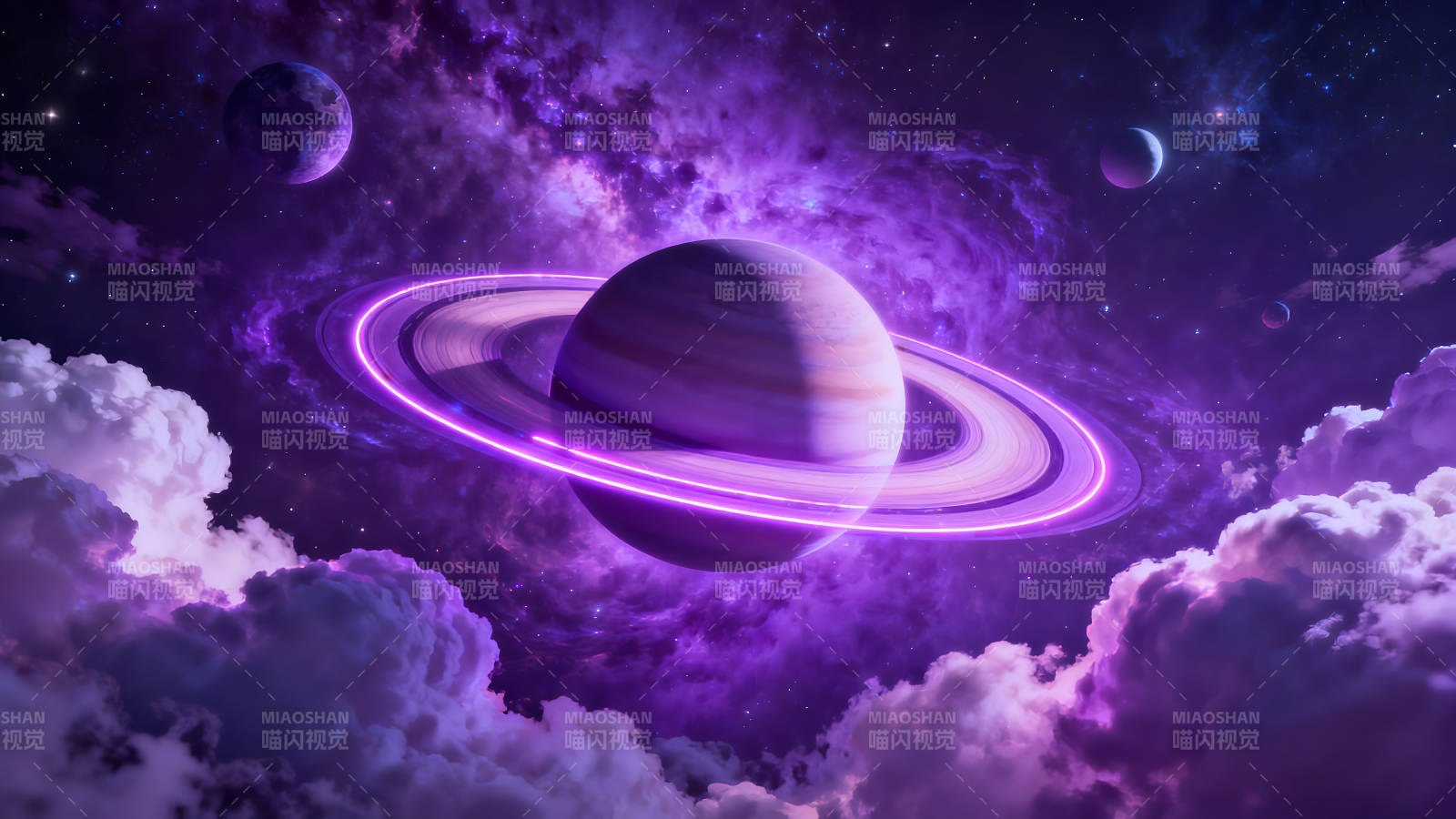 紫色星空中的星球與云朵美麗而夢(mèng)幻-圖片