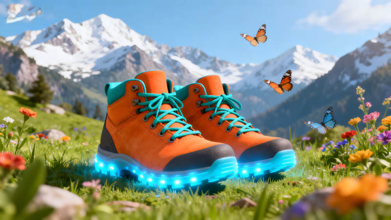 户外靴子在草地上发光-图片