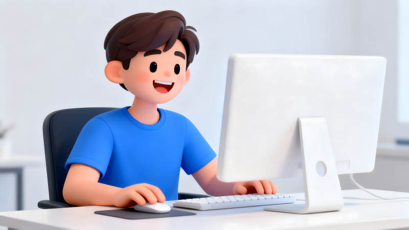 卡通男孩使用电脑工作或学习-图片