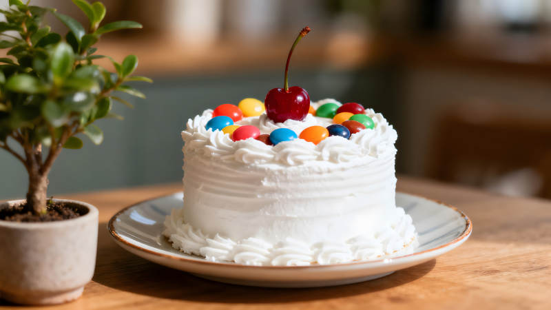 蛋糕上放櫻桃和彩虹糖搭配盆栽溫馨氛圍-圖片