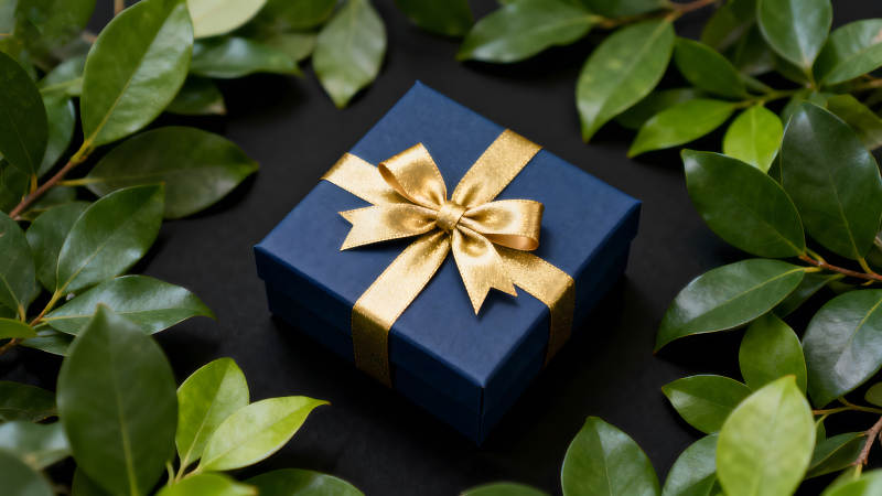 蓝色礼盒金丝带绿色叶子图片