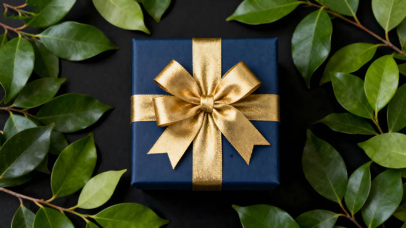 精美礼盒金色丝带与绿叶点缀-图片