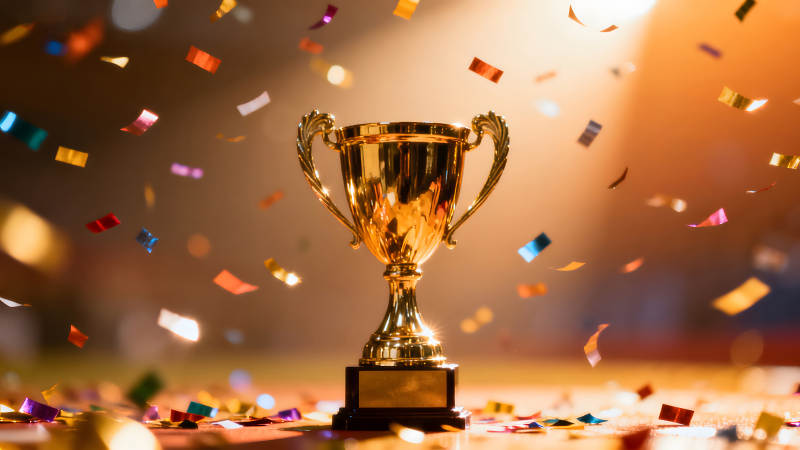 金光闪耀的奖杯与飘舞的彩带-图片