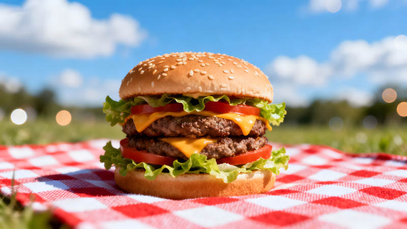 美味汉堡在野餐布上-图片