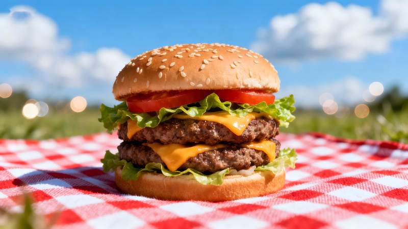 美味汉堡户外野餐食物特写-图片