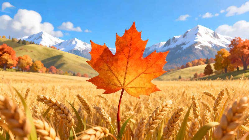 秋日麥田楓葉雪山風光-圖片