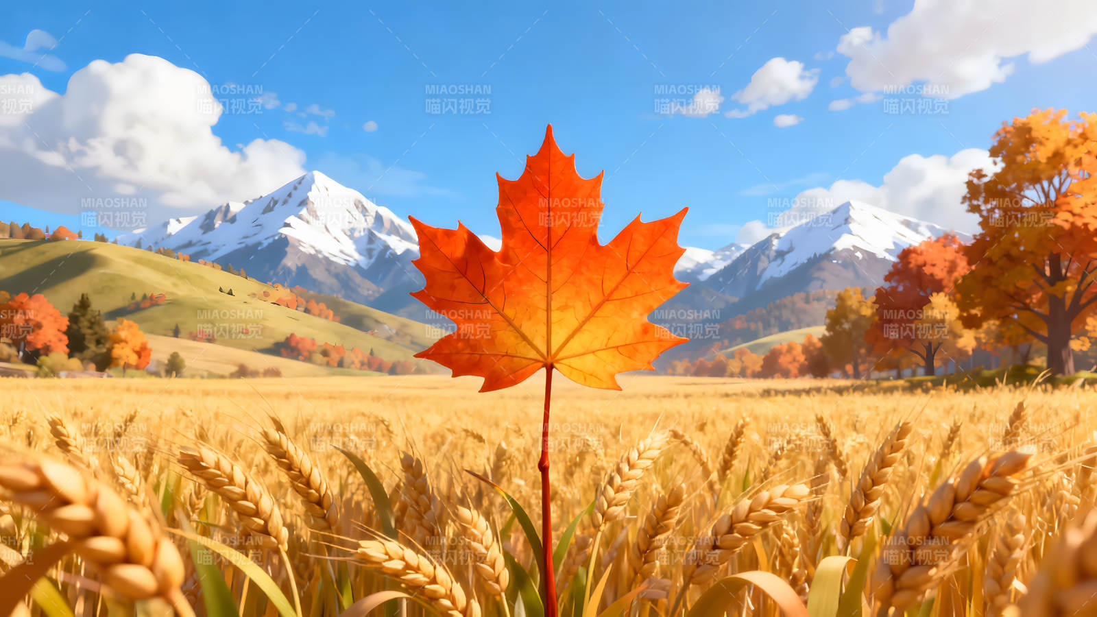 秋日風景下的楓葉與麥田-圖片