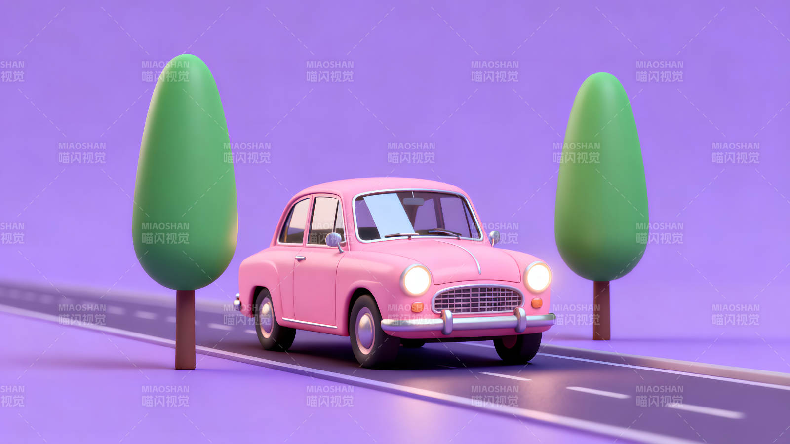 粉色復古汽車行駛在路上圖片