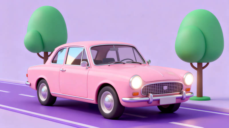 粉色汽車穿梭在卡通世界里-圖片