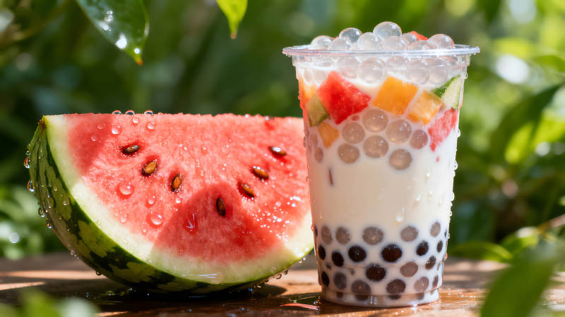 夏日清爽西瓜珍珠奶茶-圖片
