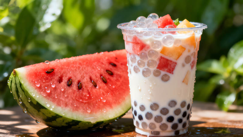 西瓜奶茶清涼解渴冰爽水果飲品-圖片