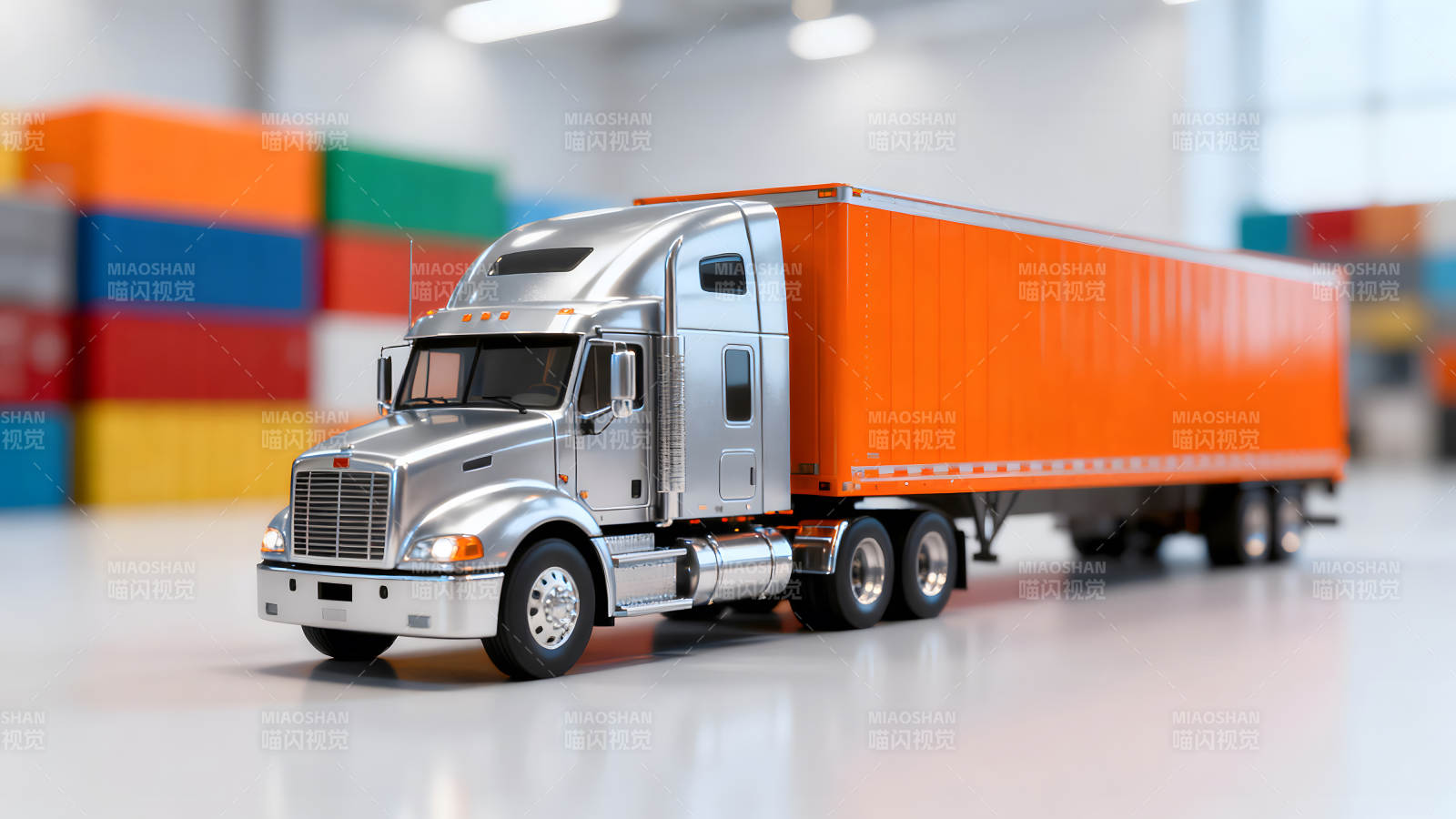 銀色卡車運載橙色貨柜箱-圖片