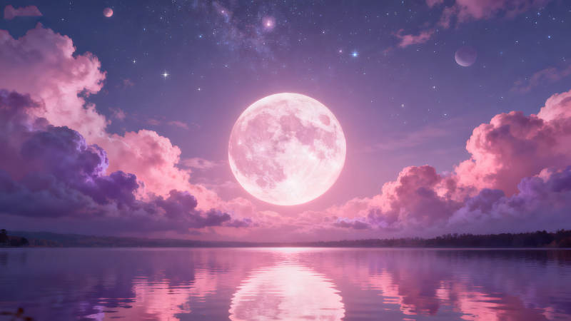 粉色月亮和云彩倒映在水面上的唯美夜景图片