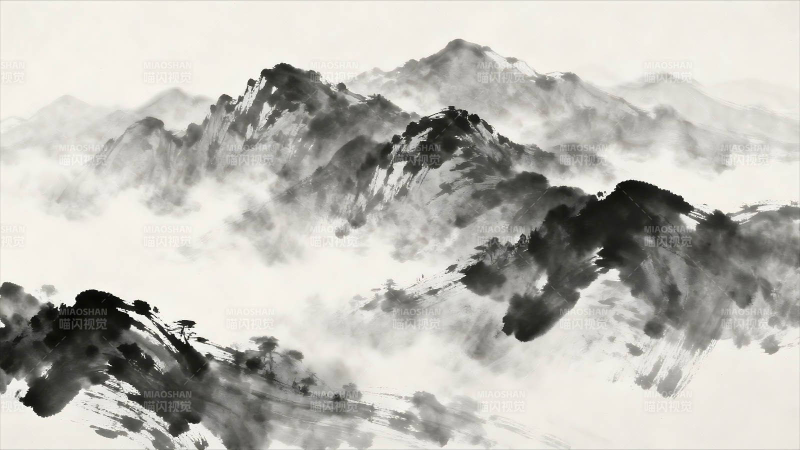 水墨山水意境深遠云霧繚繞-圖片