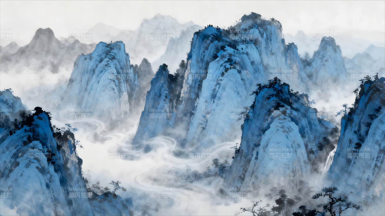 水墨山水畫意境悠遠(yuǎn)云霧繚繞-圖片