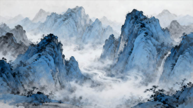 水墨山水畫峰巒疊嶂云霧繚繞-圖片