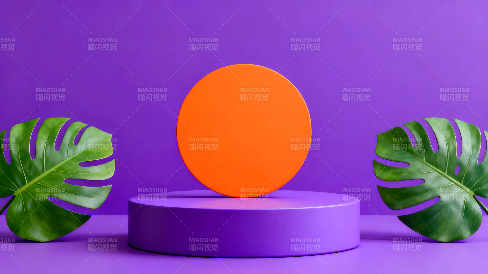 抽象的橙色圆盘与绿色叶片紫色背景-图片
