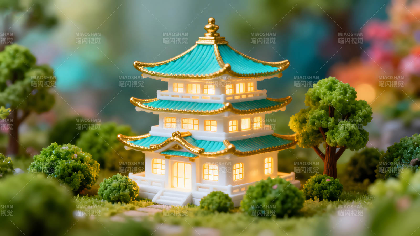 東方風格的迷你發光建筑模型-圖片