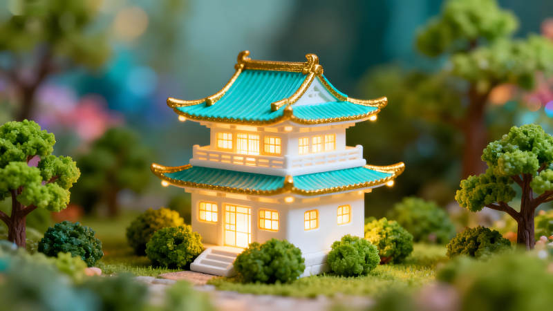 微型日式建筑閃耀光芒綠植環繞-圖片