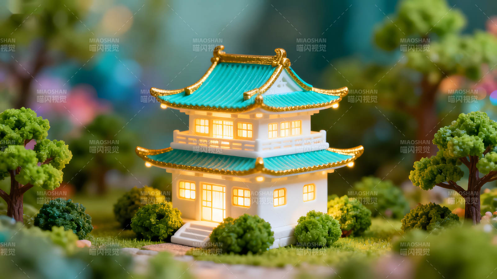 微型日式建筑閃耀光芒綠植環繞-圖片