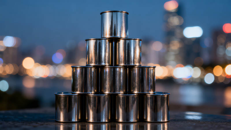 罐头堆叠夜景城市背景-图片