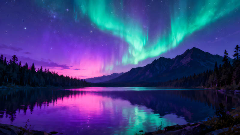 极光湖泊夜空下的奇幻景象图片