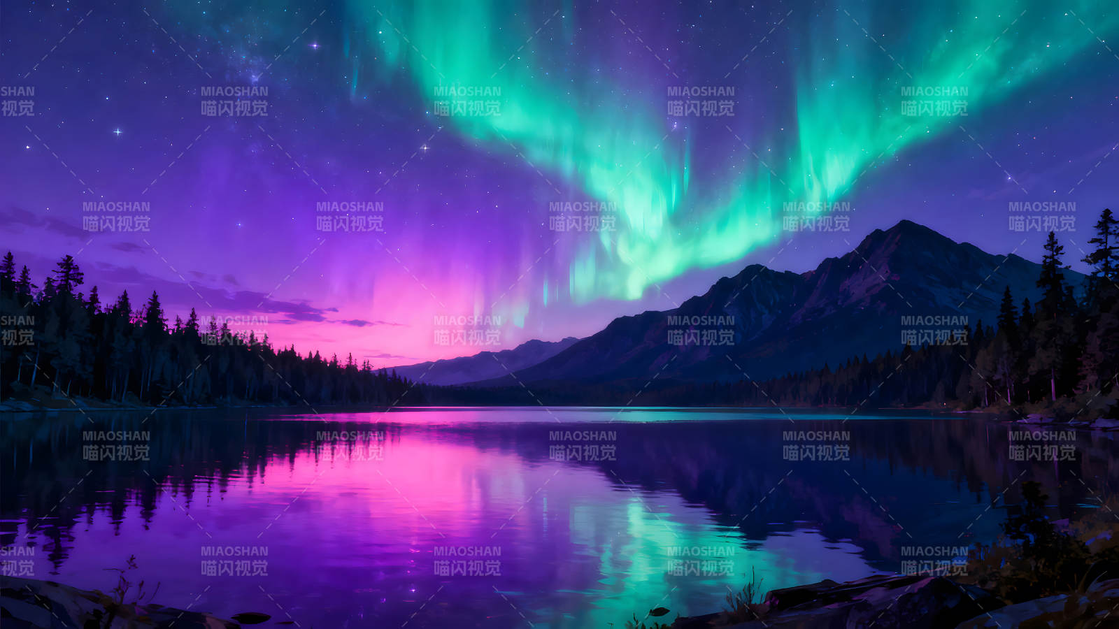 极光湖泊夜空下的奇幻景象图片