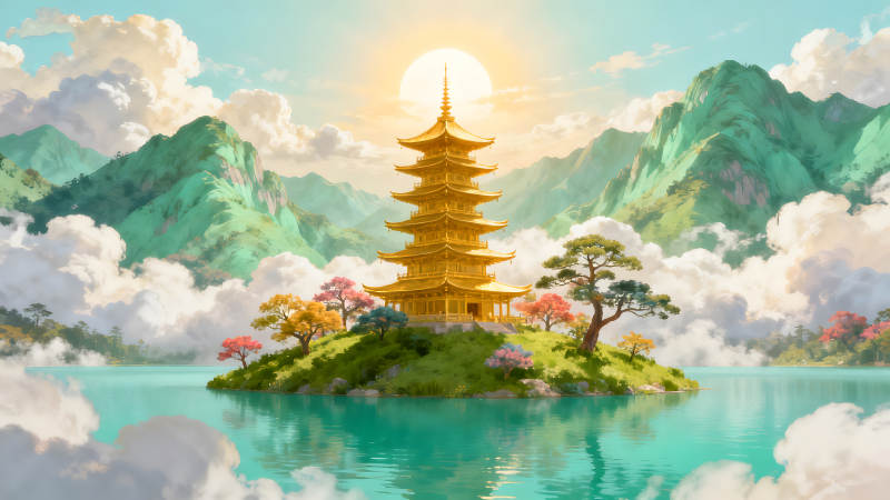 金光閃耀的寶塔在碧波之上-圖片