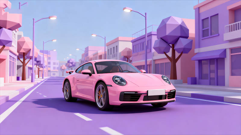 粉色跑車穿行在卡通城市街道上-圖片