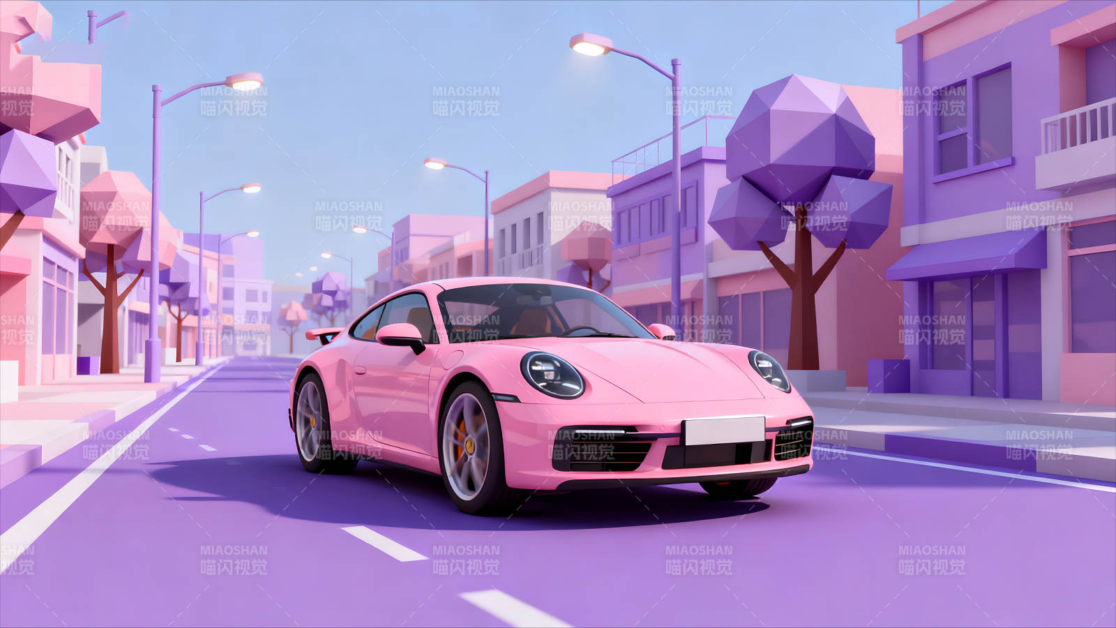 粉色跑車穿行在卡通城市街道上圖片