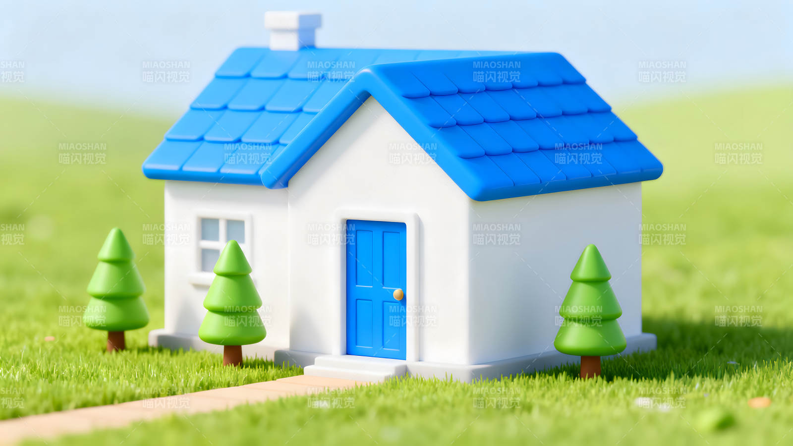 卡通风格的房子在草地上-图片