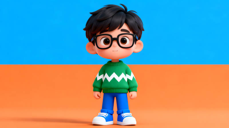 卡通男孩穿綠色毛衣戴眼鏡-圖片