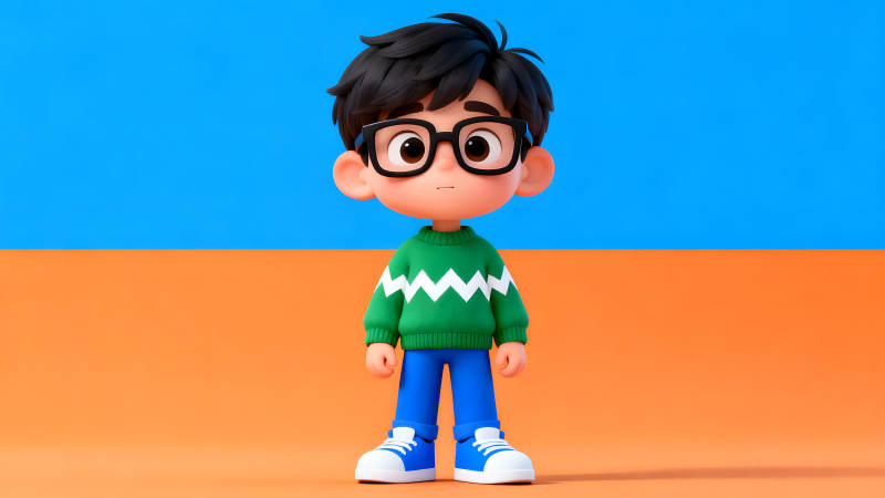 卡通男孩藍色背景橙色地面-圖片