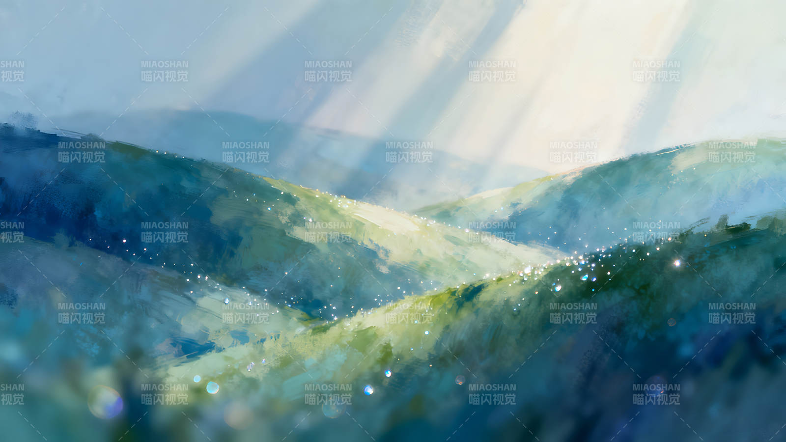 山丘光影下露珠點綴的風景-圖片