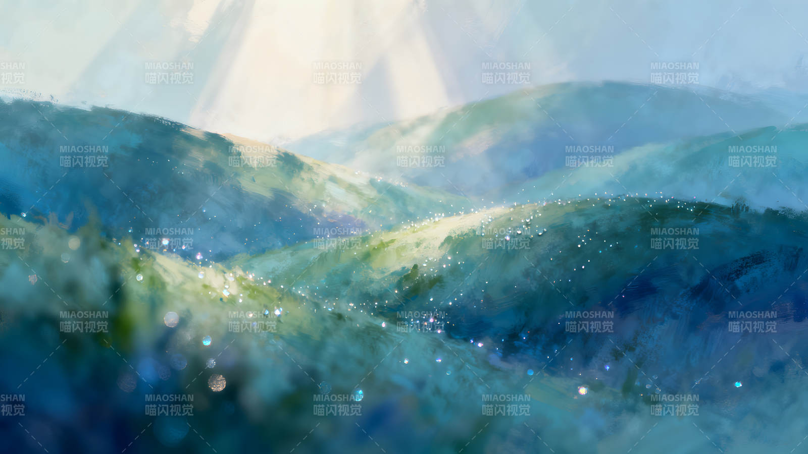 山丘光芒露珠閃爍美好意境-圖片