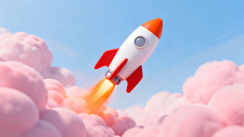 卡通火箭飞向蓝天粉色云朵-图片