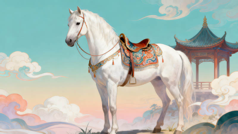 華麗的白馬佇立在亭子旁-圖片