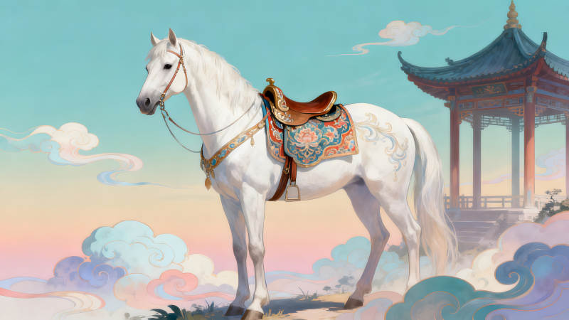 白馬鞍飾中國風亭臺樓閣-圖片