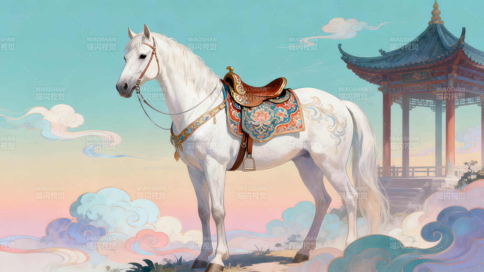白馬鞍飾中國風亭臺樓閣-圖片