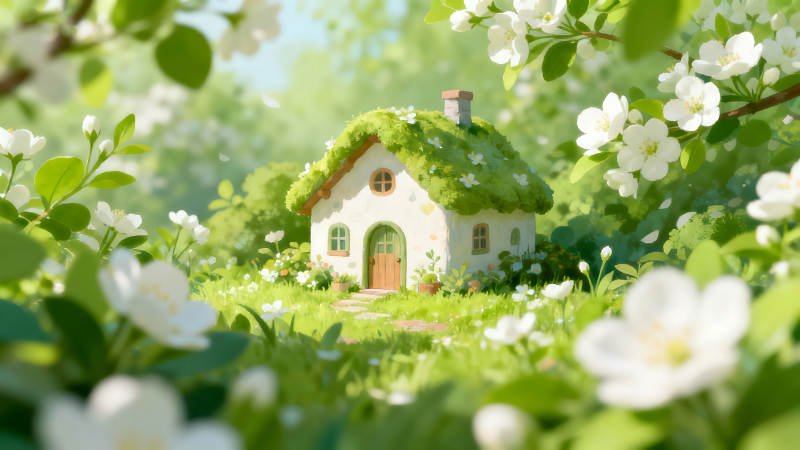 田園風格的小房子被鮮花圍繞-圖片