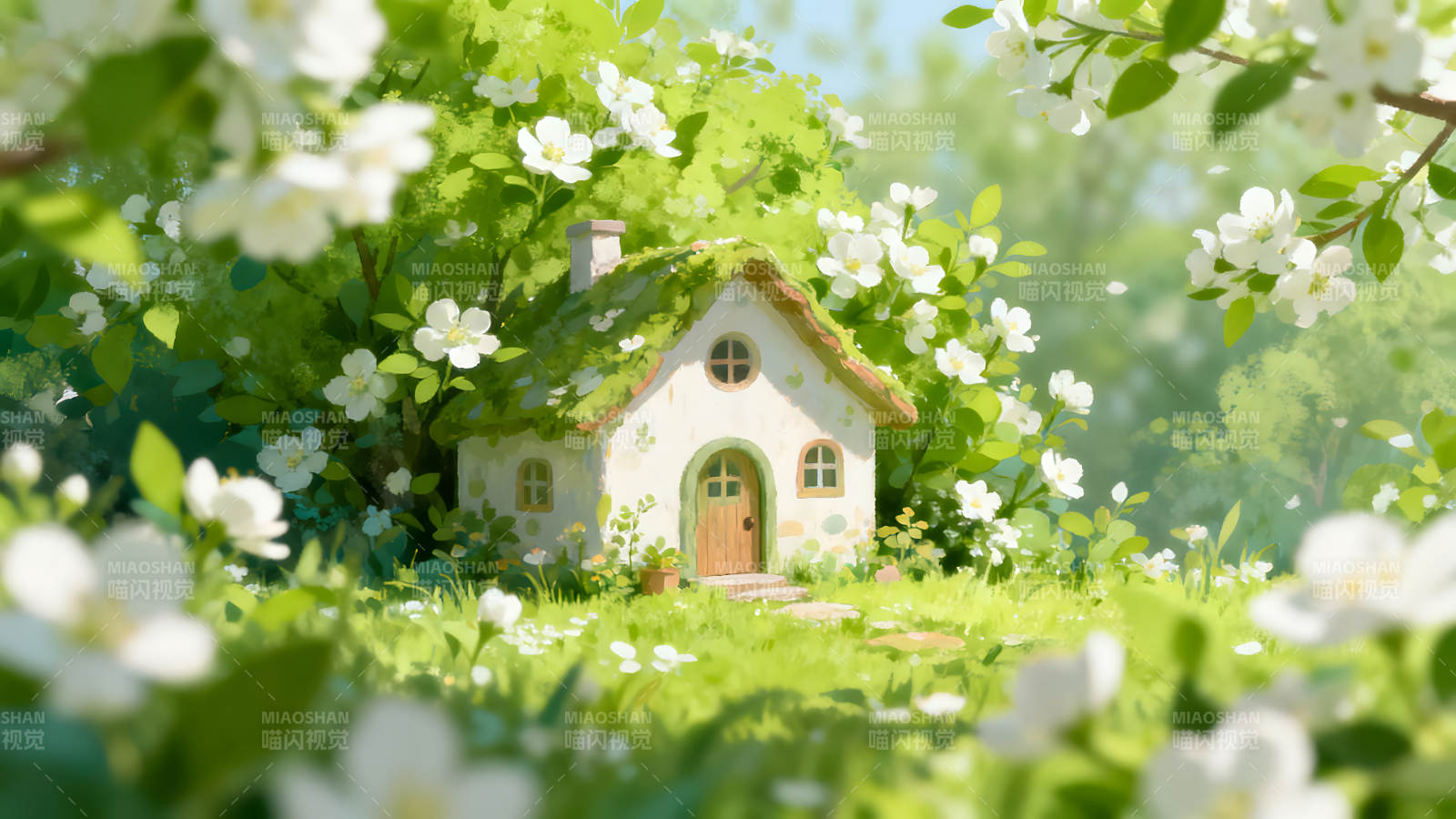 梦幻小木屋与花海景色图片