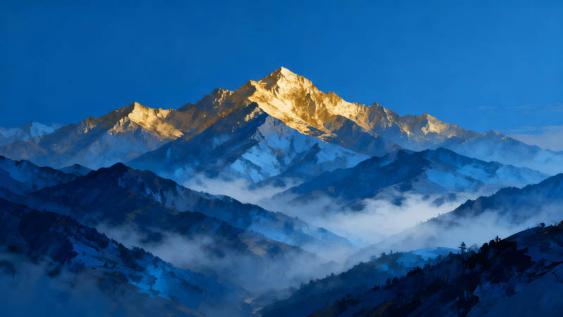 金色山峰矗立云霧間壯麗景象-圖片