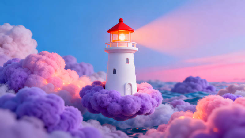 梦幻灯塔浮现于云海之上光芒闪耀-图片