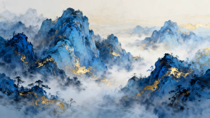 水墨山水畫藍金色調山峰云霧-圖片