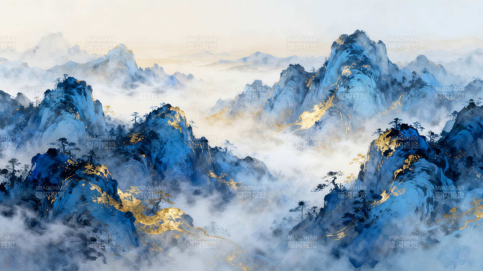 水墨山水畫金色點綴云霧繚繞-圖片